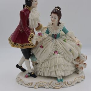 Dresden Germany Lace Figurine Man & Women Floral Ruffle Dress & Dog